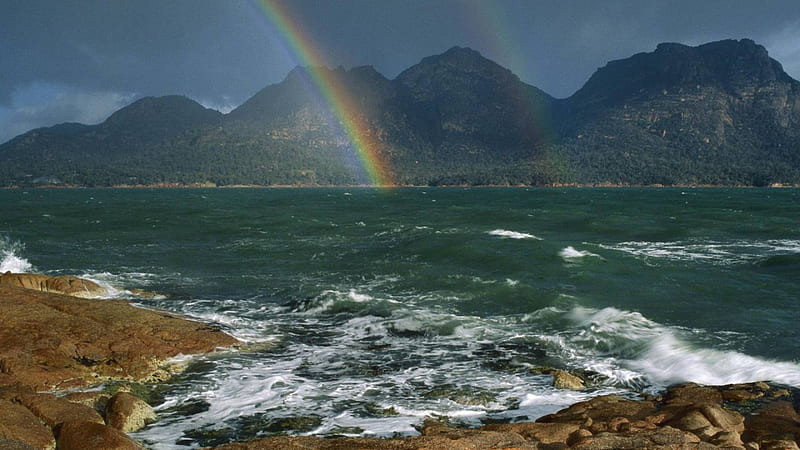 rainbow in coles bay tasmania australia, mountains, rainbow, bay, coast, sea, HD wallpaper