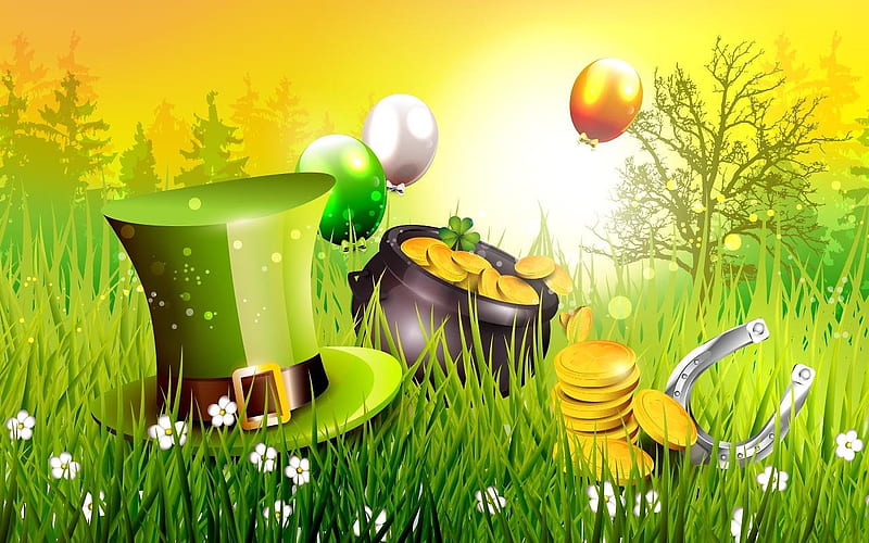 St. Patrick's Day, horseshoe, grass, Patricks, pot, bows, coins, pot of gold, clovers, St Patricks Day, ballons, flowers, Patricks Day, gold coins, Saint Patricks Day, trees, hat, top hat, shamrocks, HD wallpaper