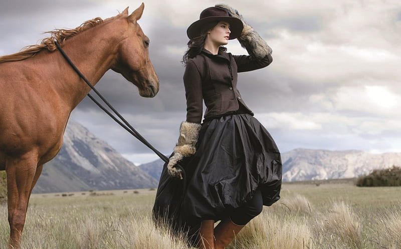 Cowgirl and Her Horse, female, dress, cowgirl, boots, horse, woman, hat, Brunette, girl, mountains, field, HD wallpaper