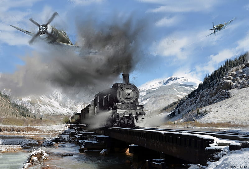 Attack on a Train, guerra, aircraft, train, ww2, fighter, military, steam, smoke, HD wallpaper