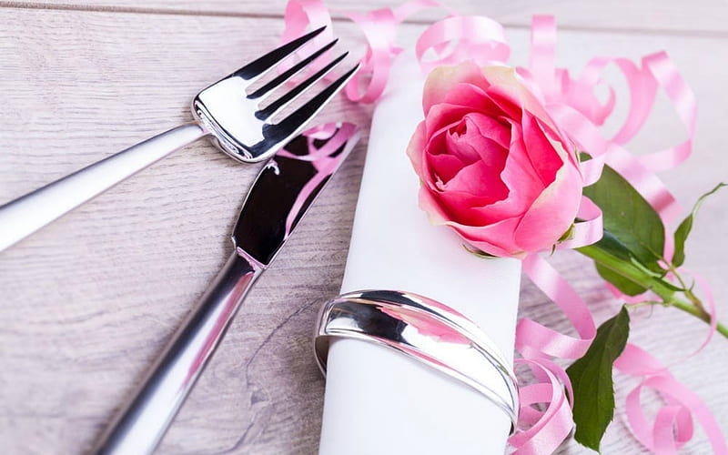 Pink Flower, flower, pink, fork, knife, HD wallpaper