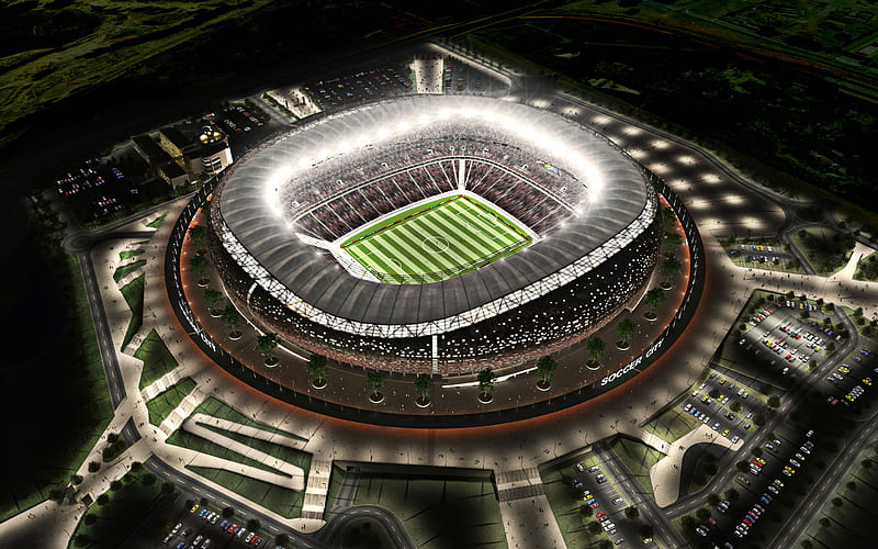 FNB Stadium, night, First National Bank Stadium, aerial view, football stadium, Johannesburg, South Africa, South African stadiums, HD wallpaper