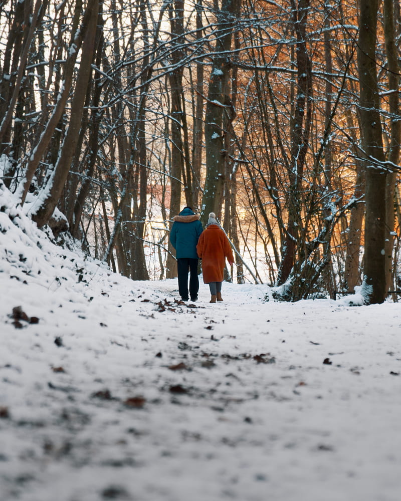 person in orange jacket walking on snow covered ground during daytime, HD phone wallpaper