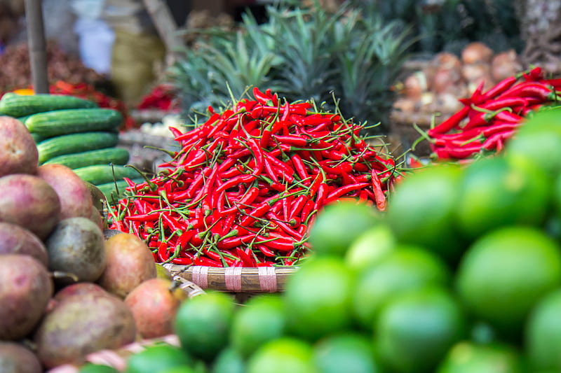 market, chilli, foods, fruit, green, lime, red, spice, vegetables, vietnam, HD wallpaper