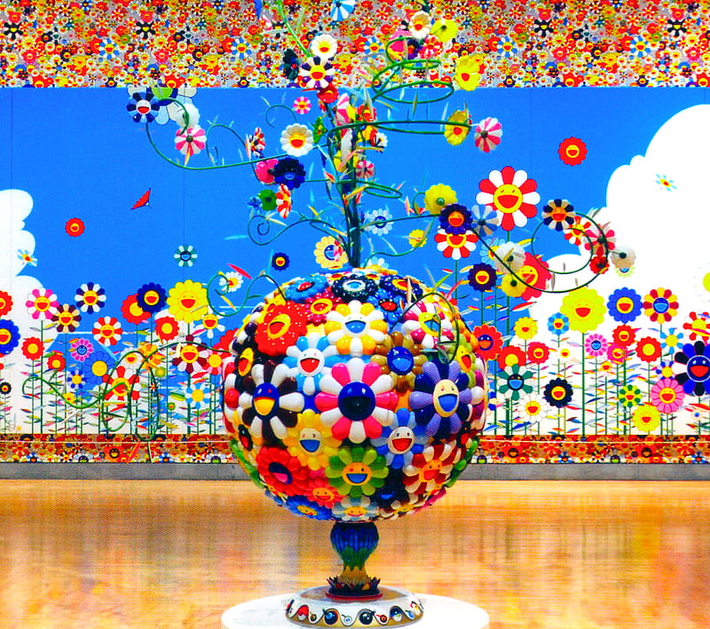 Takashimurakami, ball, colorful, cool, flower, museum, new, wall, HD wallpaper