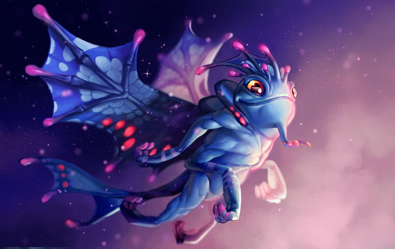 Puck, wings, dota 2, game, cute, fantasy, purple, pink, feerie dragon, blue, HD wallpaper