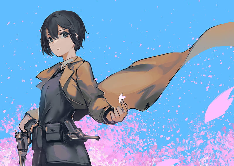 Wallpaper gun, stay, petals, strap, art, kino no tabi, a Cup of coffee,  truck for mobile and desktop, section сёнэн, resolution 1920x1440 - download