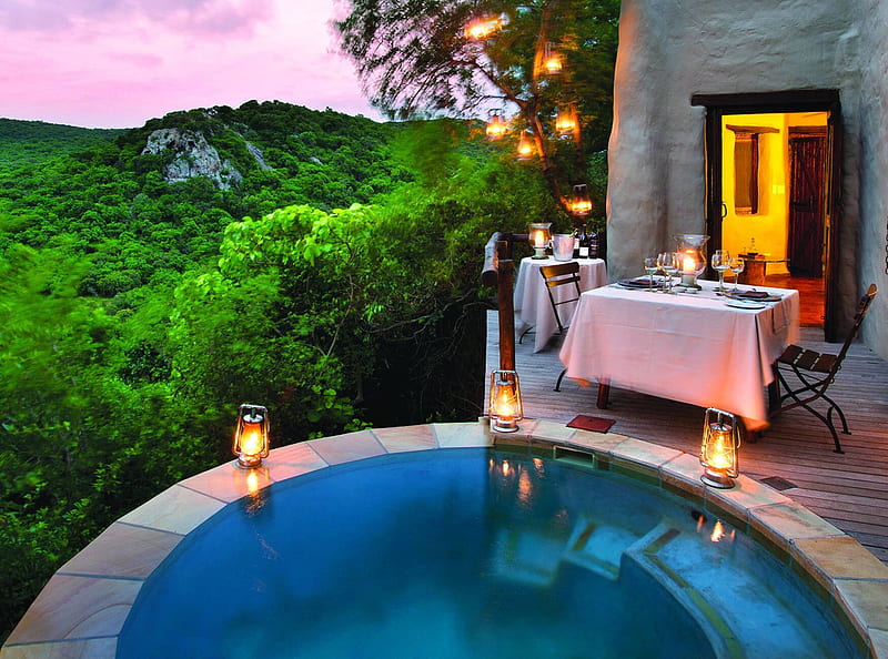 Candlelit Forest Spa and Dinner for Two, dinner, zen, retreat, candlelight, bath, sunset, yoga, green, evening, luxury, forest, exotic, romantic, peace, escape, hot tub, table for two, candles, paradise, bathe, mountains, spa, jacuzzi, dine, tropical, luxurious, HD wallpaper