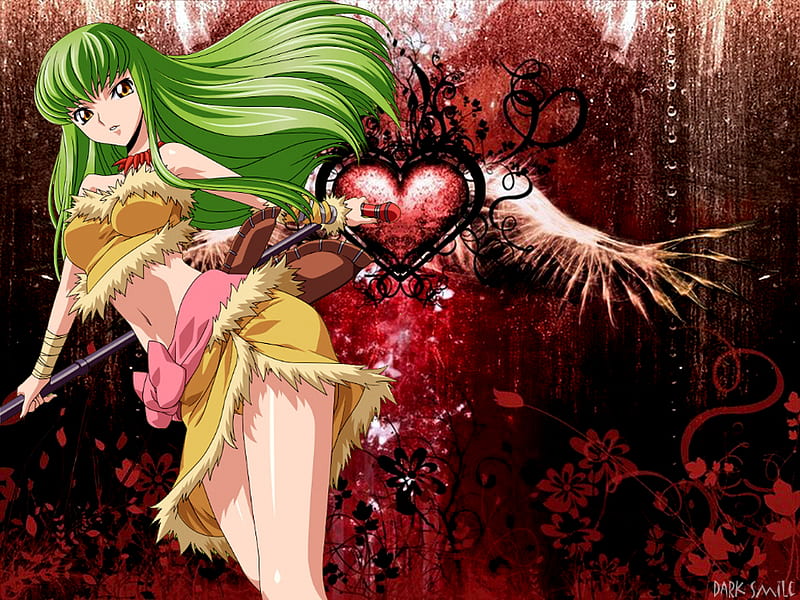 With Love from C.C, red, wings, bonito, code geass, cc, sexy, cute, love, heart, hot, anime girl, green hair, HD wallpaper