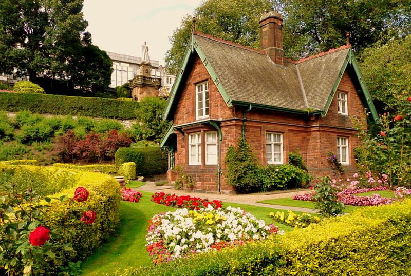 Cottage Garden, gardens, hedges, flowers, cottage, HD wallpaper
