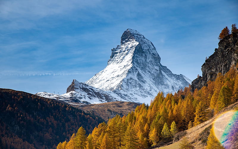 The Matterhorn from the Swiss with fall colors, colors, autumn, trees, alps, germany, HD wallpaper
