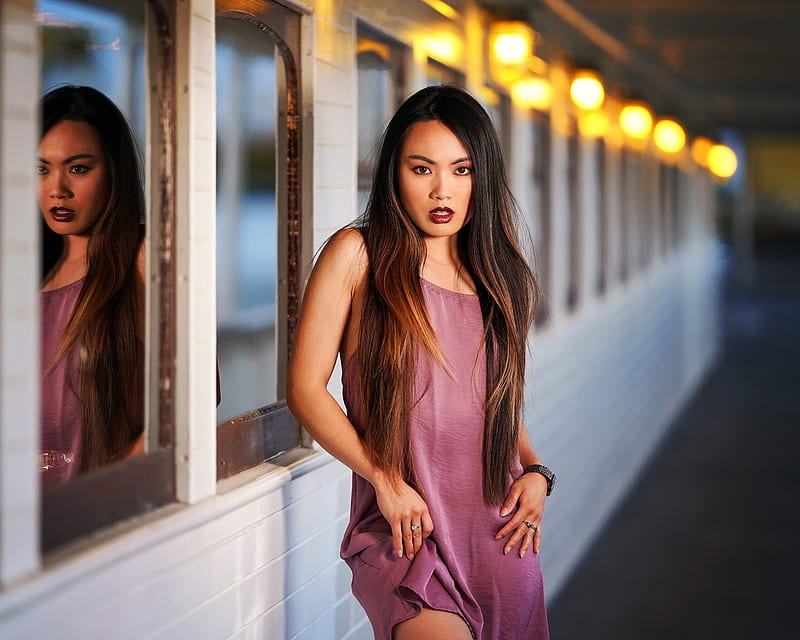Tracie Dang-Perez, rings, light purple dress, brunette, posing beside windows and lights, jewelry, HD wallpaper
