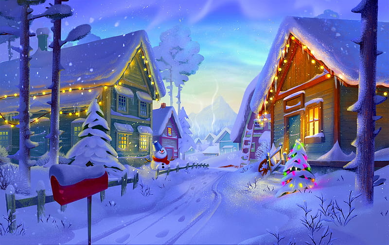 Winter time, winter, art, tree, snow, village, bonito, snowman, HD  wallpaper | Peakpx