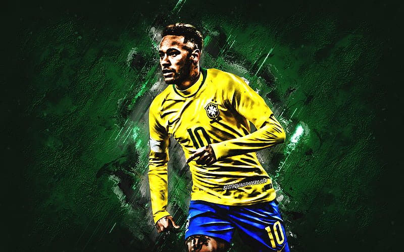 Neymar Jr, Brazil national football team, creative green background, football stars, Brazilian soccer player, striker, Brazil, Neymar, HD wallpaper