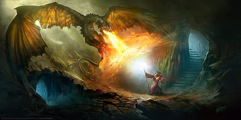 Baptism of Fire, skeleton, fantasy, dragon, abstract, mage, cave, HD wallpaper