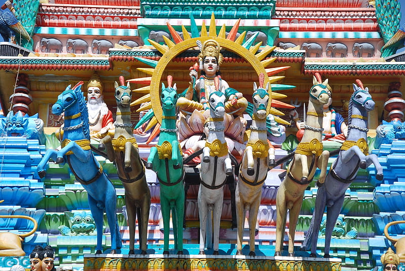 Lord surya, sun god, spiritual, horses, HD wallpaper