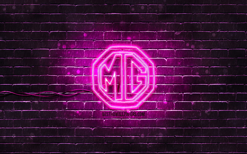 MG purple logo purple brickwall, MG logo, cars brands, MG neon logo, MG, HD wallpaper