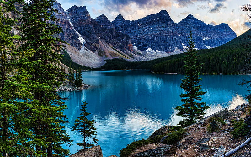 Banff, Moraine Lake evening, blue lake, North America, mountains, Banff National Park, beautiful nature, Canada, Alberta, R, HD wallpaper
