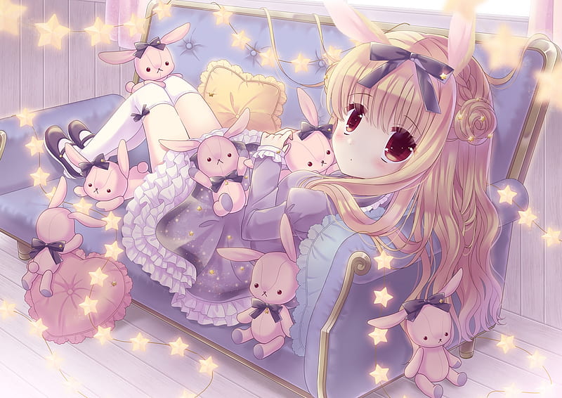 Lolita Fashion, toy, manga, cute, girl, anime, bunny, sofa, pink, blue, HD wallpaper