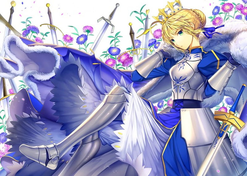 King of Knight, saber, king, pretty, dress, blond, bonito, floral, pendragon, sweet, arturia pendragon, arturia, blossom, nice, fate stay night, blade, anime, royalty, beauty, anime girl, tiara, sword, female, lovely, excalibur, blonde, blonde hair, blond hair, armor, girl, crown, flower, knight, HD wallpaper