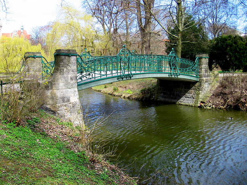 Stream Bridge, stream, stone, bridge, steel, iron, river, trees, HD wallpaper