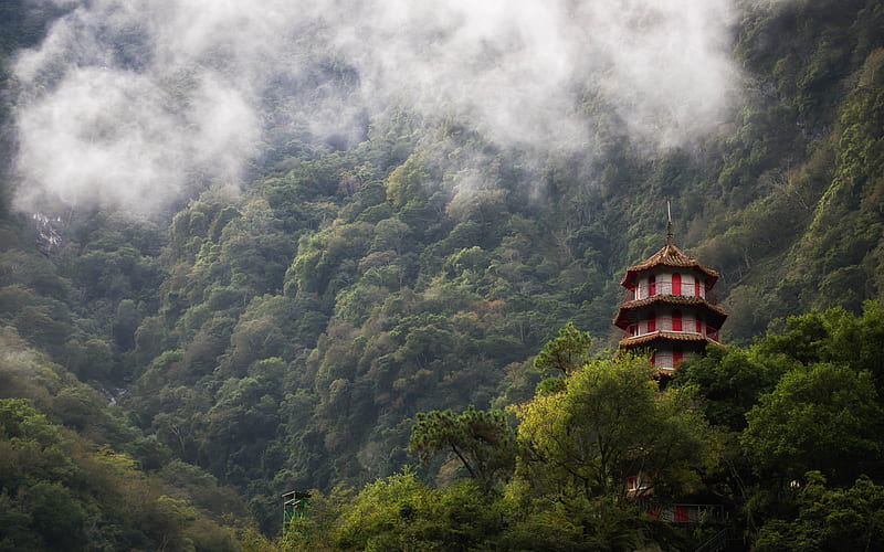 Taroko Gorge, Taiwan, Chinese architecture, temple, mountain landscape, fog, HD wallpaper