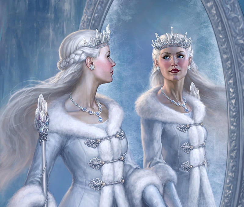 Snow Queen, mirror, white, blue, art, tristan elwell, frumusete, luminos, iarna, winter, fantasy, girl, HD wallpaper