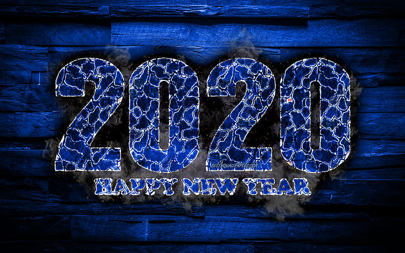 2020 blue fiery digits Happy New Year 2020, blue wooden background, 2020 fire art, 2020 concepts, 2020 year digits, 2020 on blue background, New Year 2020, HD wallpaper