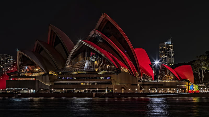 australia, sydney, opera house, red lights, water, building, architecture, City, HD wallpaper