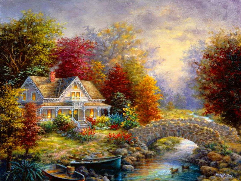 Cozy house, stream, pretty, house, riverbank, ducks, cabin, lights, nice, calm, boats, village, beauty, cozy, lovely, quiet, sky, trees, serenity, paradise, colorful, cottage, home, bonito, bridge, stone, painting, river, forest, spring, creek, swans, peaceful, summer, nature, HD wallpaper