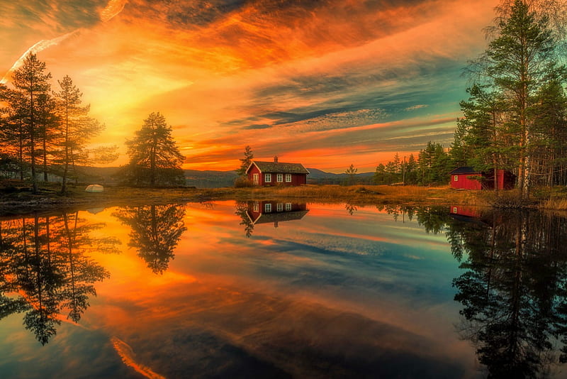 SUNSET, house, splendor, nature, forces of nature, reflection, lanscape, lake, HD wallpaper