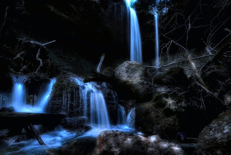 Dark Waterfalls, cool, water, flowing, blue, night, HD wallpaper