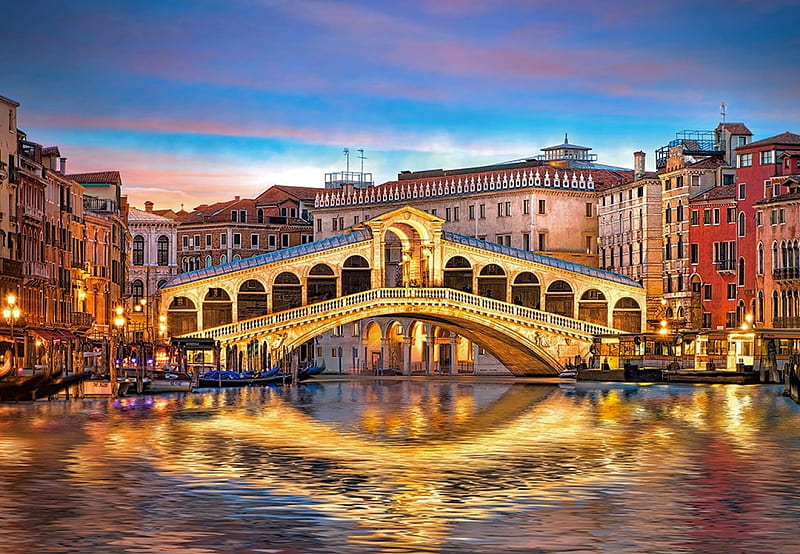 Venice, Rialto Bridge, city, water, houses, italy, reflection, HD wallpaper