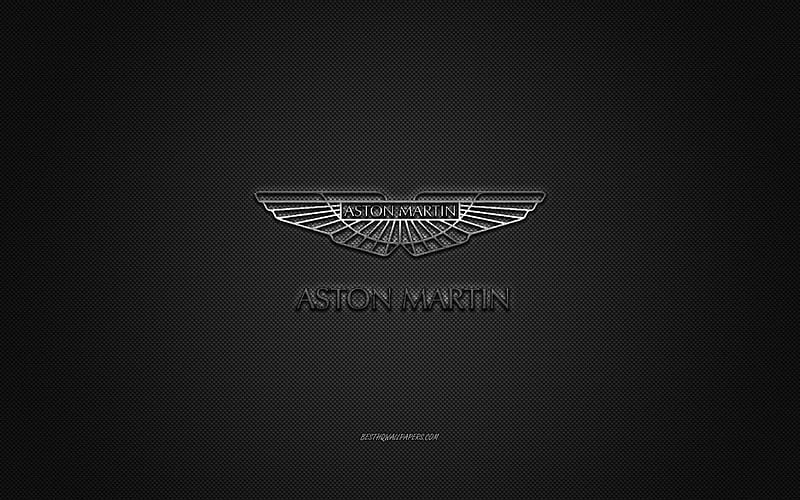 Aston Martin logo, silver yellow logo, gray carbon fiber background, Aston Martin metal emblem, Aston Martin, cars brands, creative art, HD wallpaper