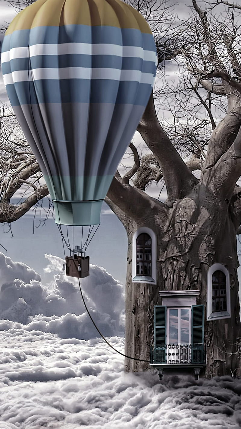 fantasy, balloon, clouds, tree, zeppelin, HD phone wallpaper