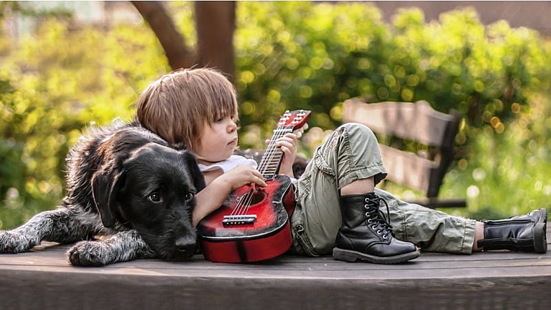 Cute Boy Playing Guitar With Dog, HD wallpaper