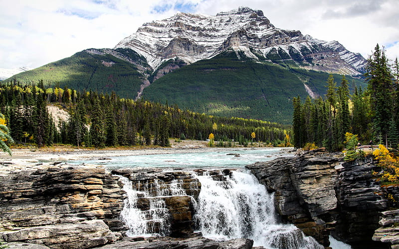 Athabasca Falls, mountains, canadian landmarks, Jasper National Park, Alberta, Canada, HD wallpaper