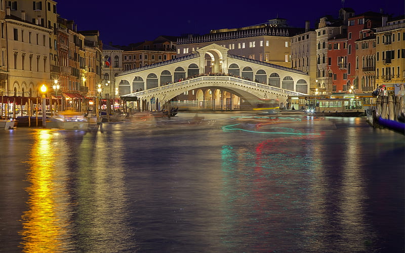 Venice, Rialto Bridge, Grand Canal, evening, landmark, Italy, HD wallpaper