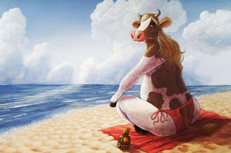 Sweet Cowgirl :), beach, water, cow, funny, artwork, sea, HD wallpaper