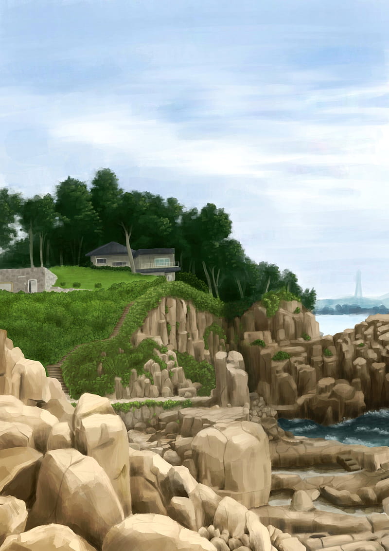 house, rocks, cliff, trees, path, art, HD phone wallpaper