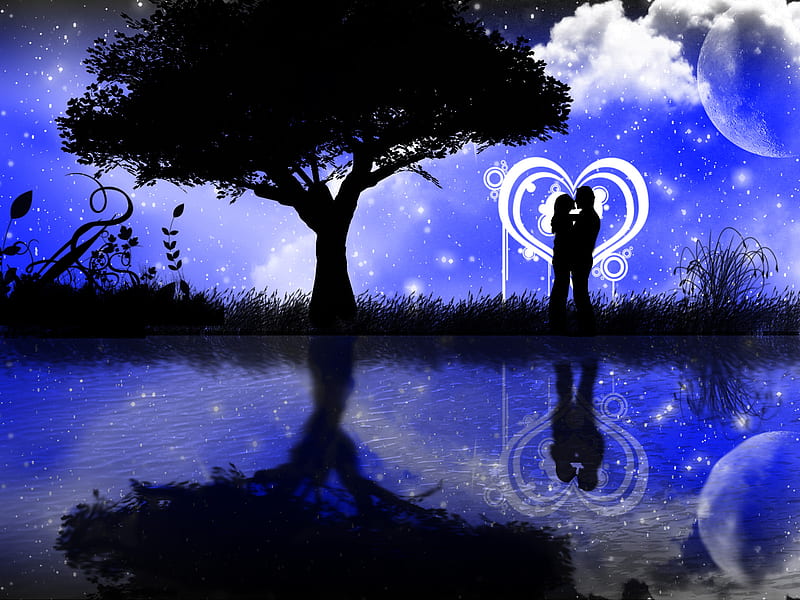 love near the lake, hug, stars, moon, love, heart, lake, kiss, couple, HD wallpaper