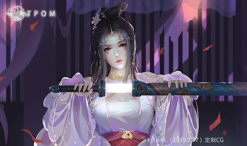 Asian girl, at pom, fantasy, girl, samurai, atpom, asian, pink, sword, luminos, HD wallpaper