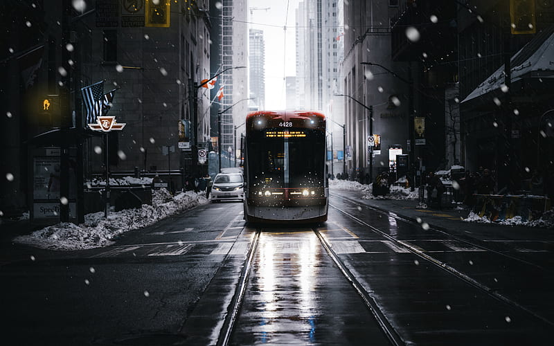 New York, winter, tram, snow, skyscrapers, New York cityscape, USA, HD wallpaper