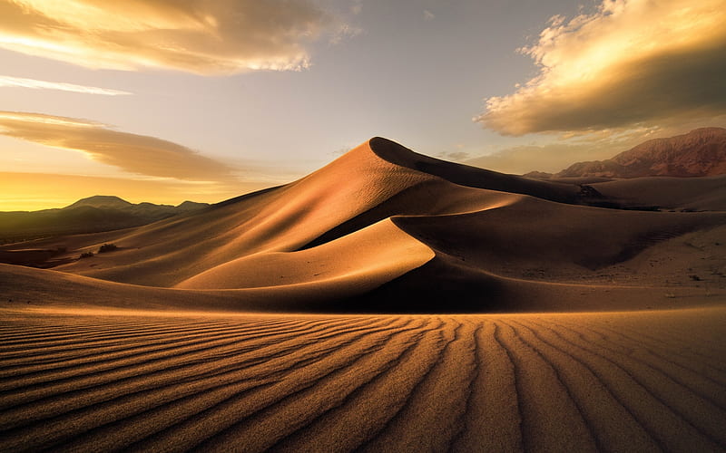 Sahara, desert, sand dunes, mountains, sunset, Africa, HD wallpaper