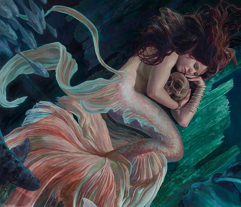 Mermaid, art, alessandra pisano, luminos, fantasy, girl, pink, skull, blue, HD wallpaper