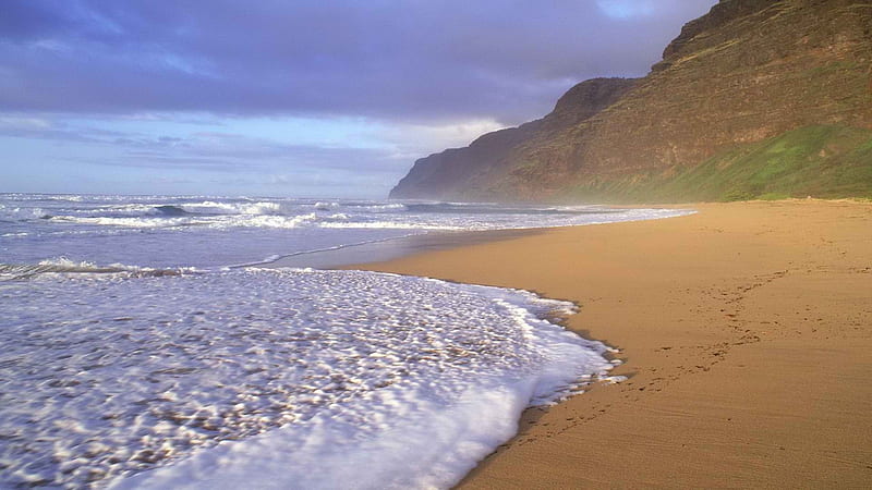 wondeful beach, beach, cliff, waves, sea, mist, HD wallpaper