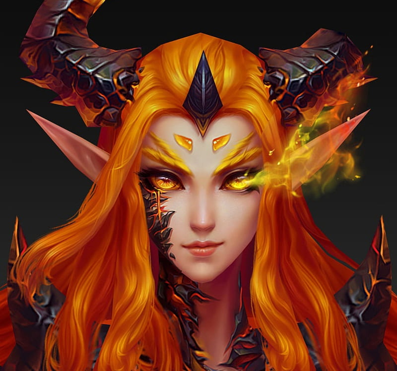 Demoness, horns, fantasy, frumusete, demon, orange, redhead, girl, HD wallpaper