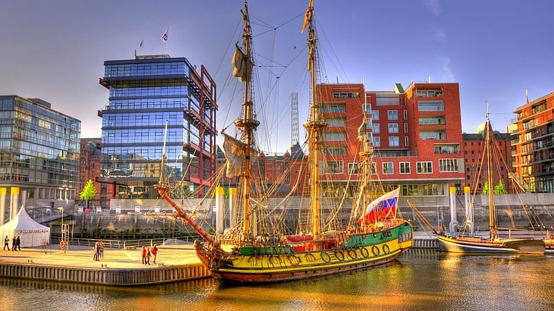fabulous ancient sail ship in modern city r, city, sail ship, r, old, docks, HD wallpaper