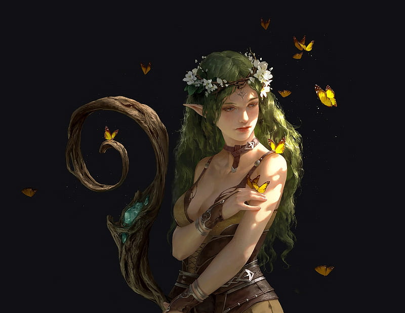 Forest Nymph, forest, fantasy, luminos, girl, butterfly, green, elf, black, HD wallpaper