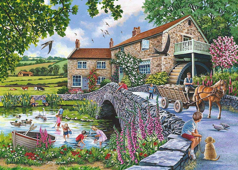 Old mill cottage, ducks, birds, cart, children, horse, trees, artwork, boat, watermill, bridge, flowers, painting, river, nature, dog, HD wallpaper